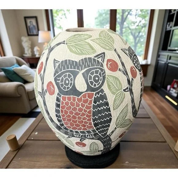 Mata Ortiz Pottery Olla Vase Jonathan Villa‎ Owl Owls Folk Art Mexican Ceramic
